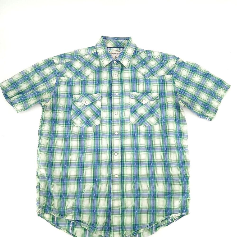 Rough Stock Panhandle Slim L Green Blue Plaid Western Pearl Snap Shirt